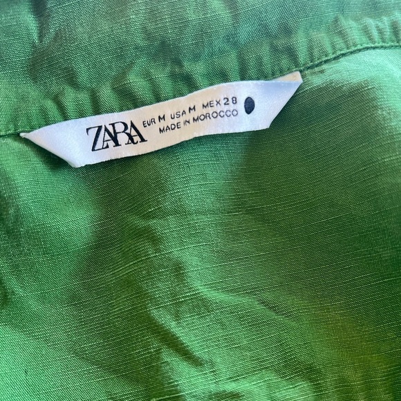 Zara Medium Green Linen Blend Button Front Shirt Distressed Frayed Casual Office - Picture 7 of 10